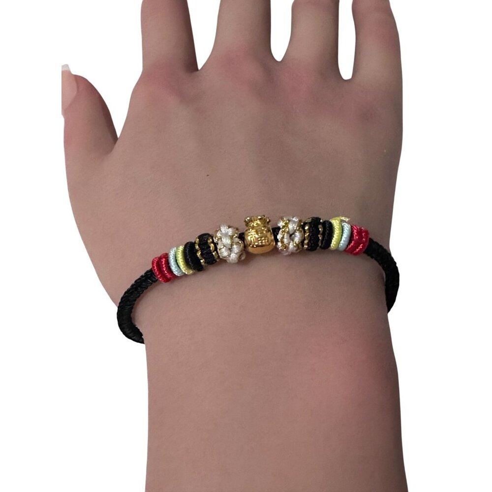 18K Gold Money Bag Bracelet Multicolor Yarn Rose Quartz Square Bead Size 6-6.5" - Picture 7 of 9